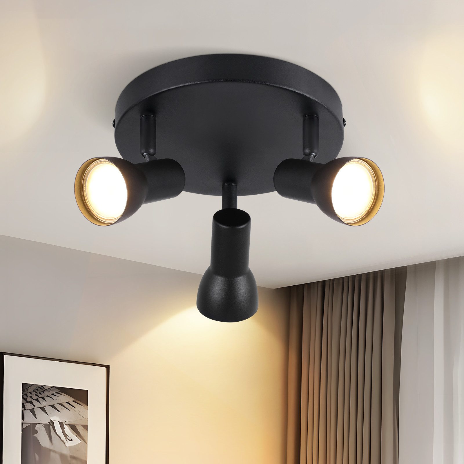 NETTLIFE 3-flammende loftspotlight, sort loftslampe, moderne design, runde metalloftspotlights, GU10-fatning
