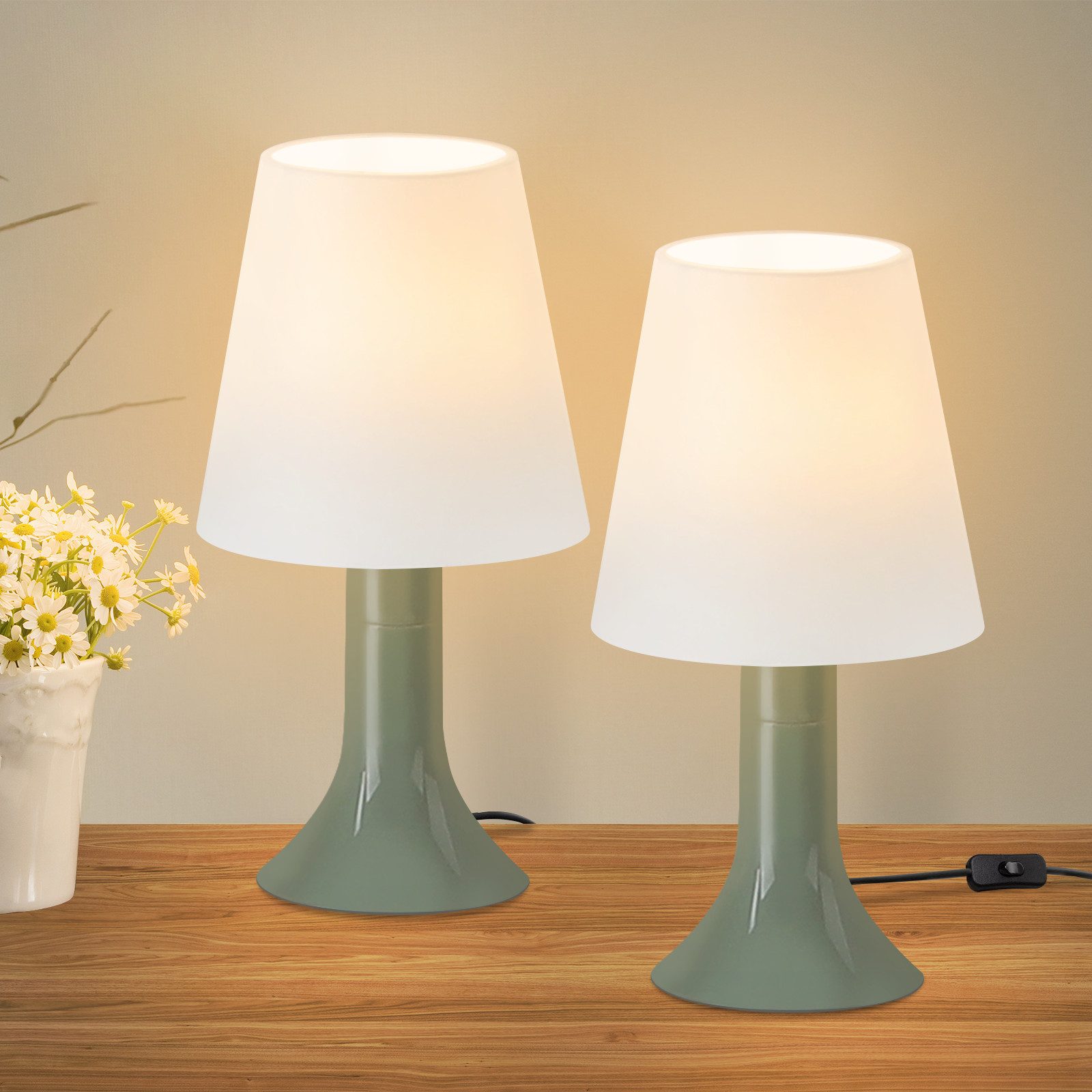 NETTLIFE Natbordslampe Stue, Bordlampe med Ledning - Bordlampesæt, 2 Små Grønne, Pærer, E14 Moderne, Bordlamper