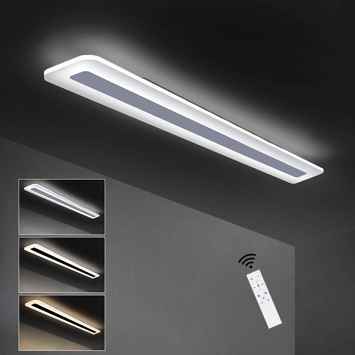 NETTLIFE Moderne LED loftslampe 80 cm, Hvid, Dæmpbar med fjernbetjening, Flad akryl, Til kontor og køkken