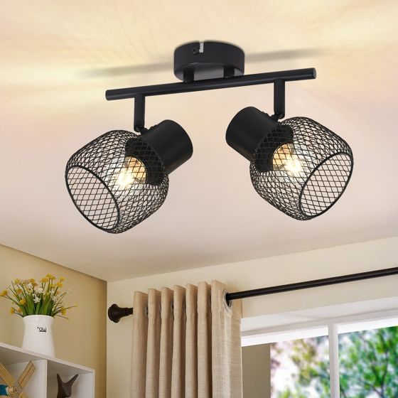 NETTLIFE - loftslampe, 2 spotlights, E27 maks. 25 W Vintage, 2 pærer - 330° roterende, indendørslampe i sort, metal til entré, stue