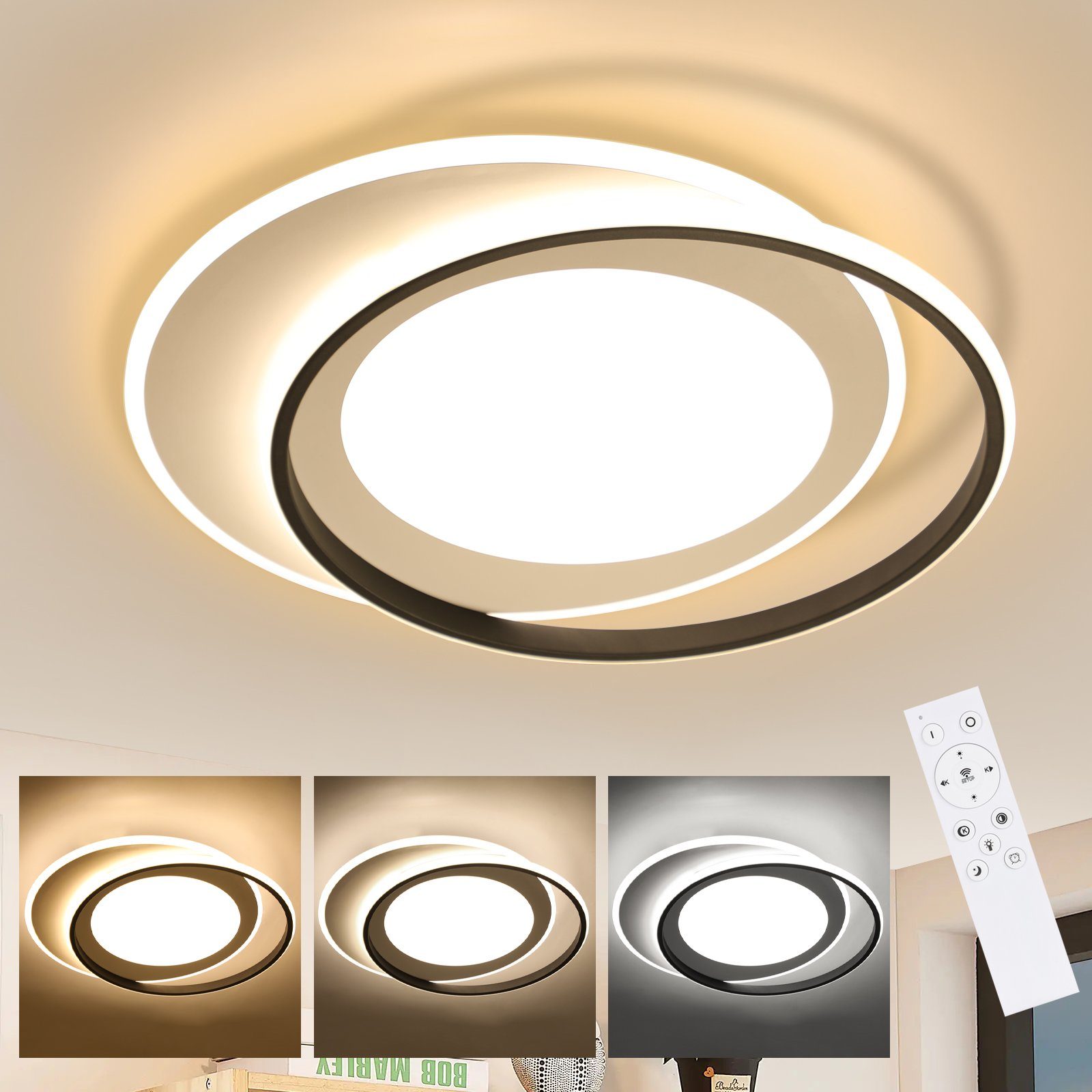 NETTLIFE LED - loftslampe, sort og hvid rund, 66W moderne, dæmpbar. Med fjernbetjening, stuelampe, til soveværelse. Til køkken.