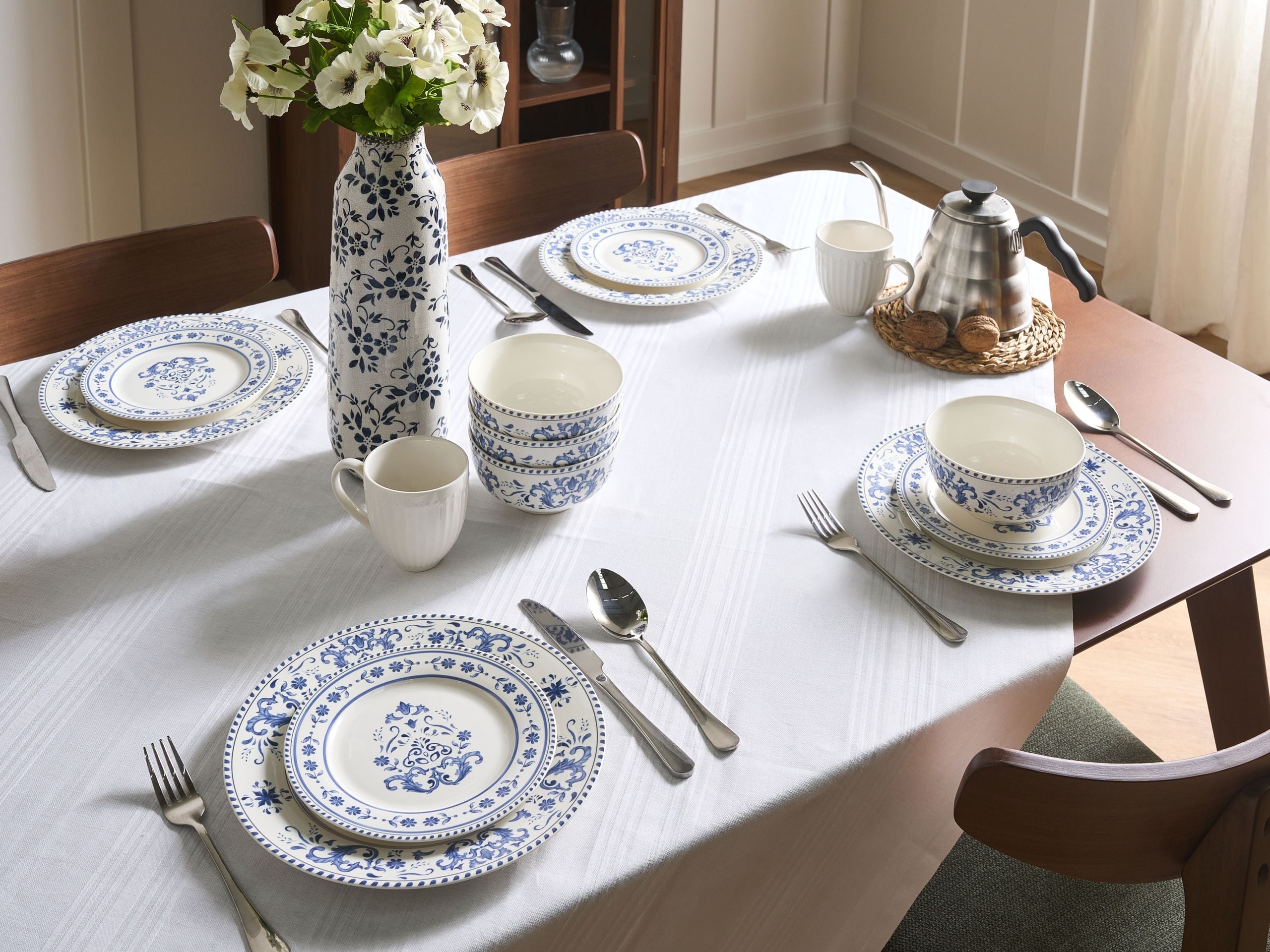 Sæt med 12 stykker service GALANGAL Porcelæn Hvid/blå