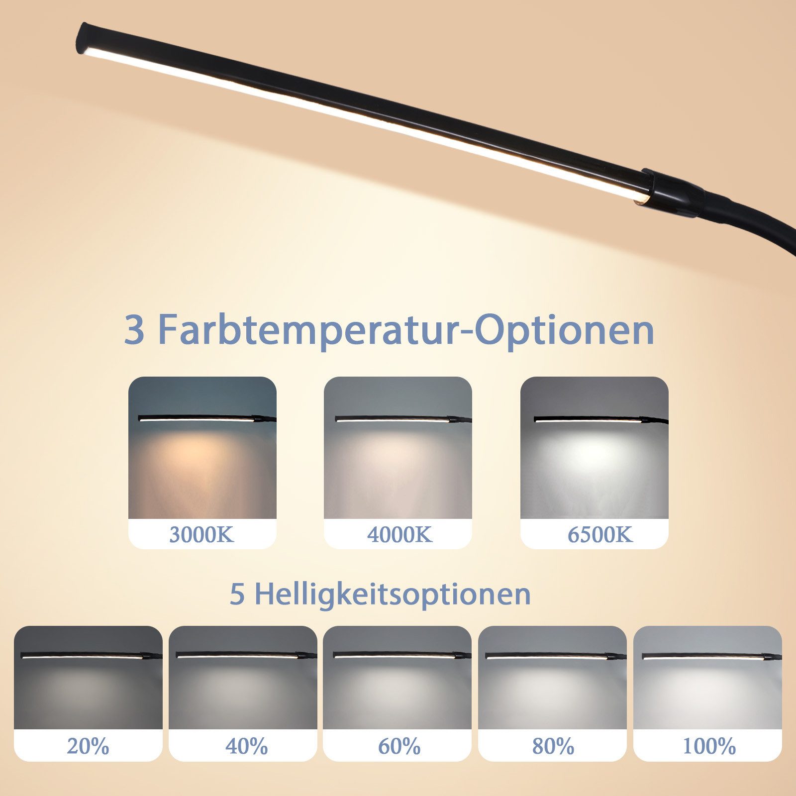 NETTLIFE LED - bordlampe, sort, klemme, 3 farver, 5 lysstyrkeniveauer, USB, 5W, dagslyspære, fleksibel, øjenbeskyttelse