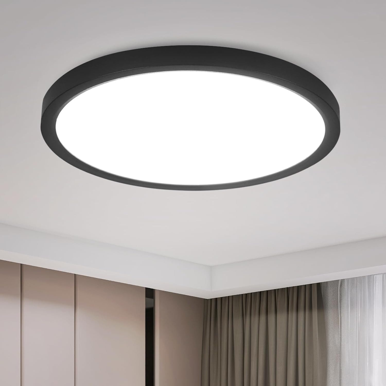 NETTLIFE LED - loftslampe, fladLoftslampe, Ø22 cm Badeværelseslampe Kold hvid, Soveværelseslampe, sort, 15W, IP44