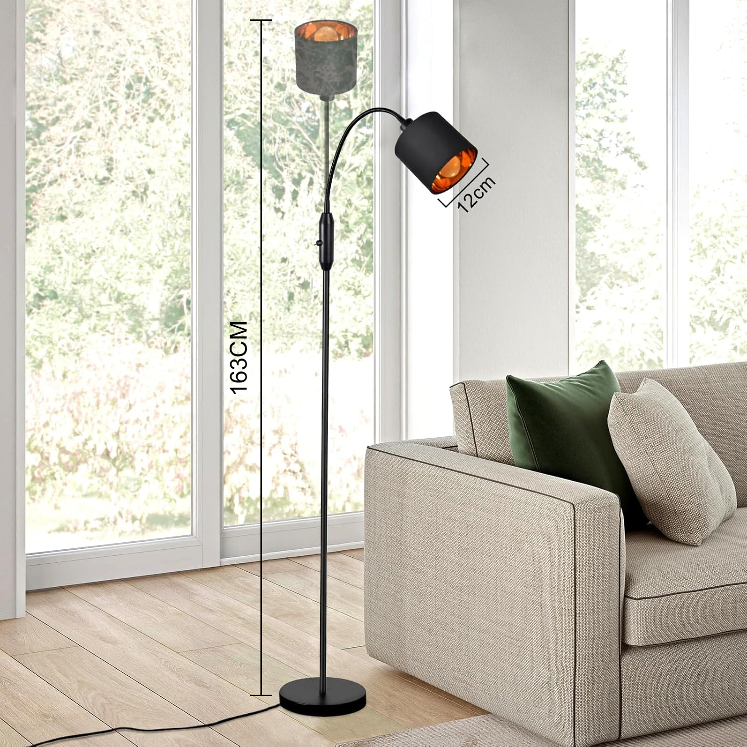 NETTLIFE Vintage sort gulvlampe til stue, moderne stofgulvlampe med 360° roterende lysbue, E14 vippeafbryder, uden pære.