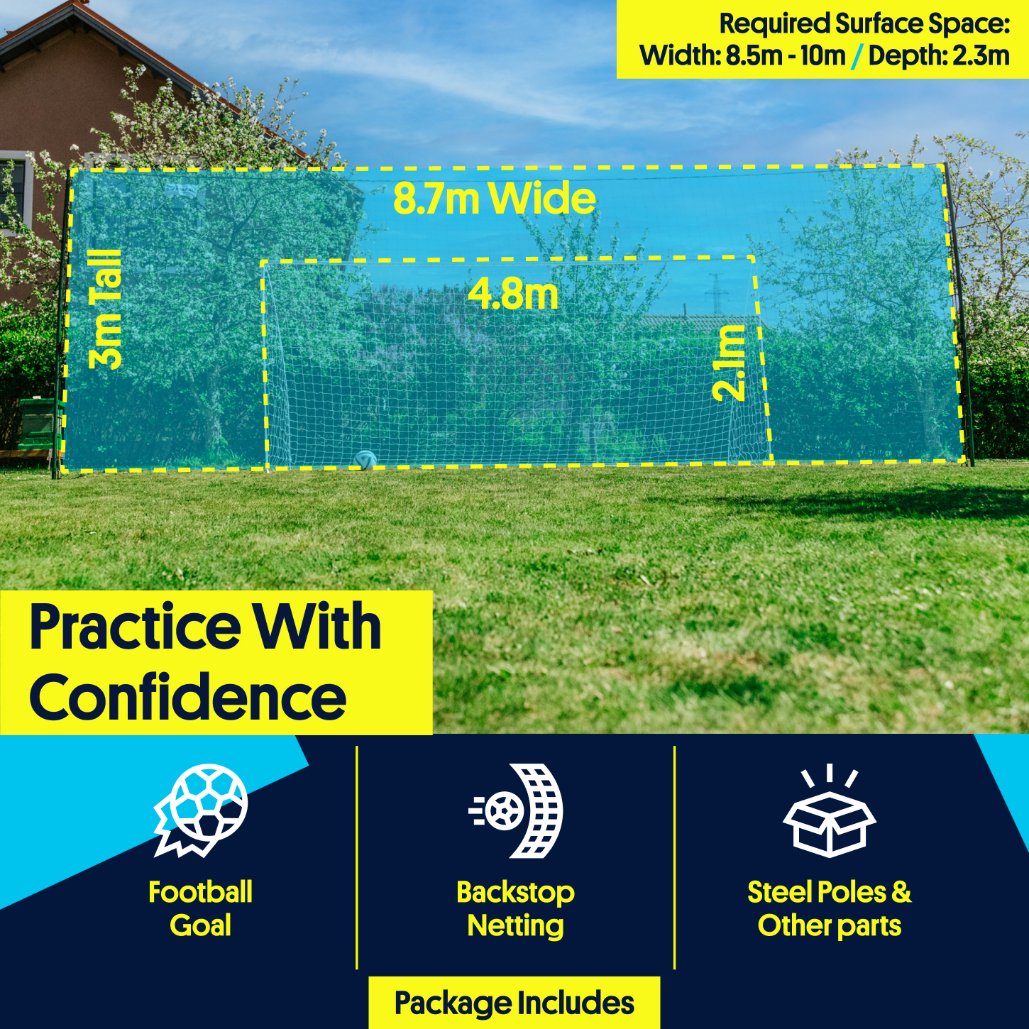 Open Goaaal® fodboldmål 3-i-1 med rebounder og bagnet – Large, 3,05 m højt, op til 8,8 m bredt, indre mål 4,9 x 2,1 m