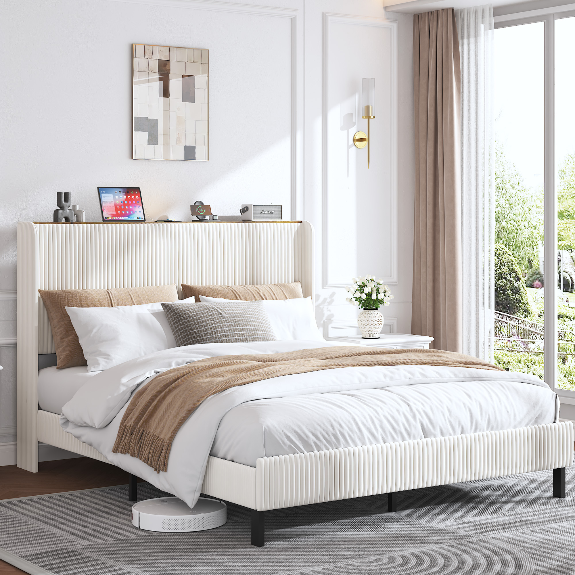 seng 160x200 cm beige cremefarvet i corduroy med metalstøtter og lyddæmpet pladeunderlag