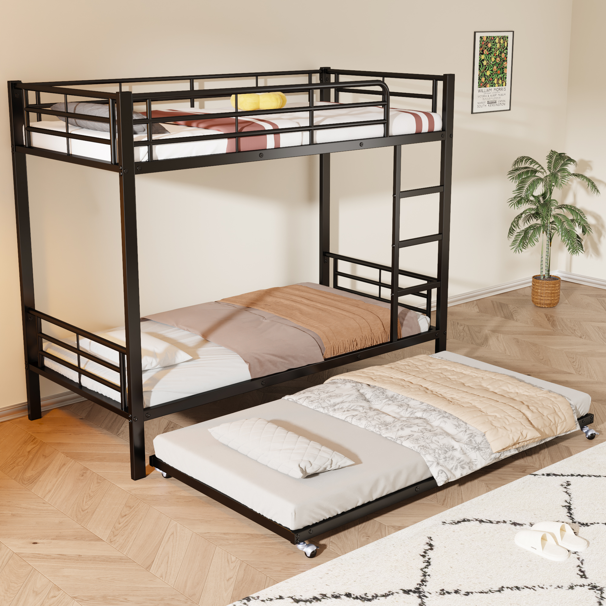 Køjeseng 90 x 200/190 cm, sort jern, udtrækkelig + 4 siderækværk