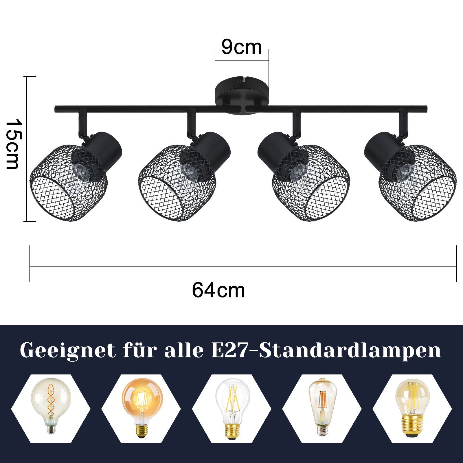 NETTLIFE 4 spotlights, maks. 25 W sort, metal loftslampe, 4 drejelige, pærer 330° E27