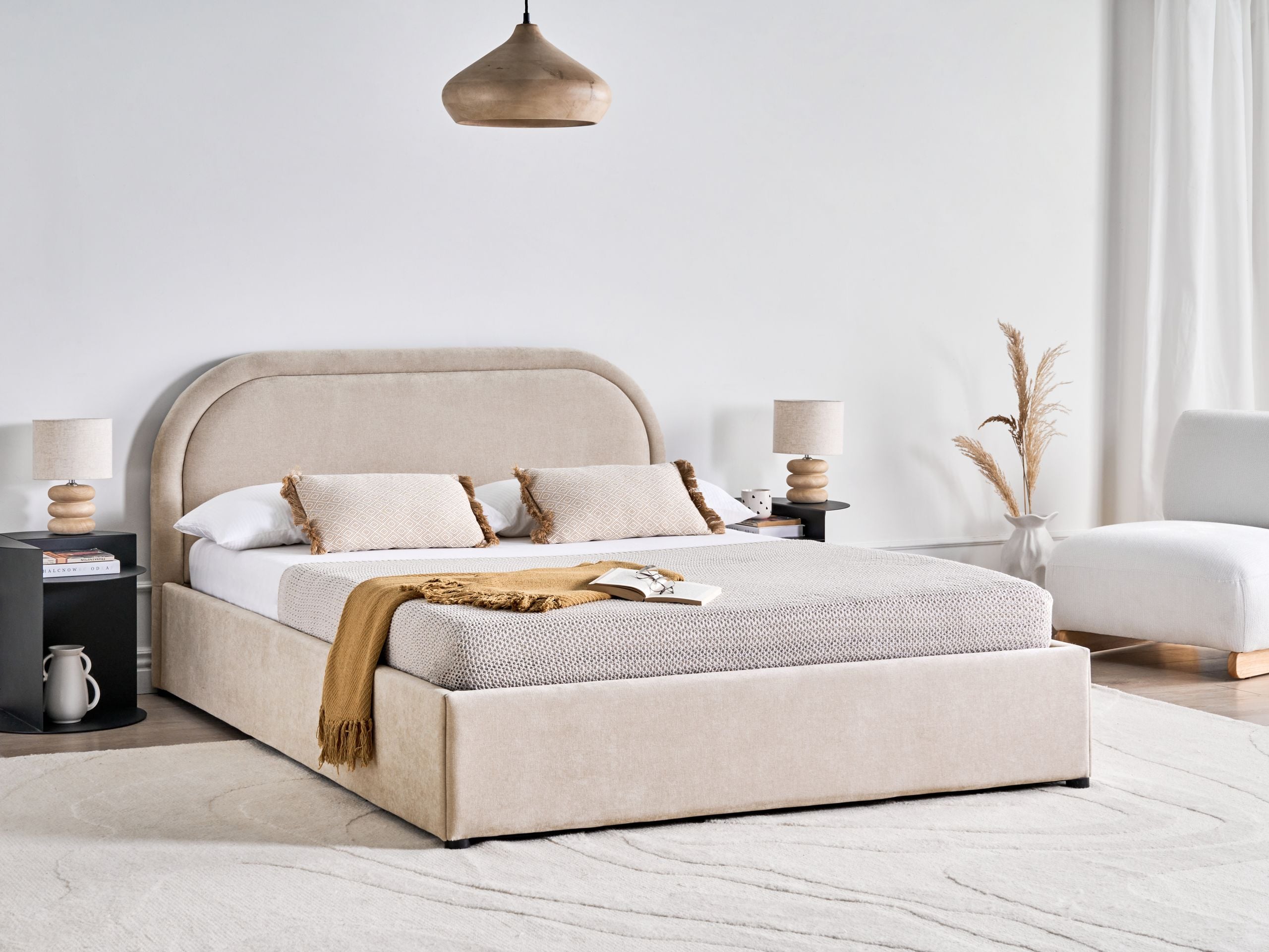 Seng med opbevaring QUILLIEN Chenille Lys Beige 140 x 200 cm