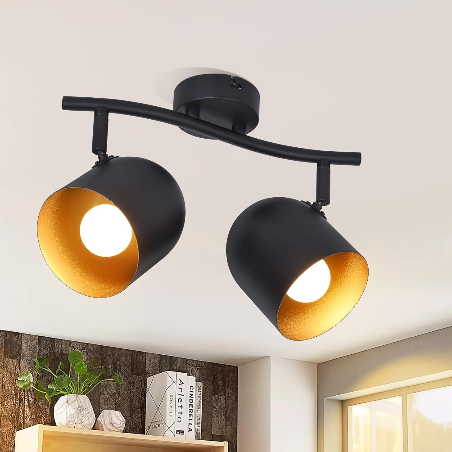 NETTLIFE Loftlampe E14 sortguld loftspotlight til entré industriel stil vintage stil justerbar uden pære 350° justerbar