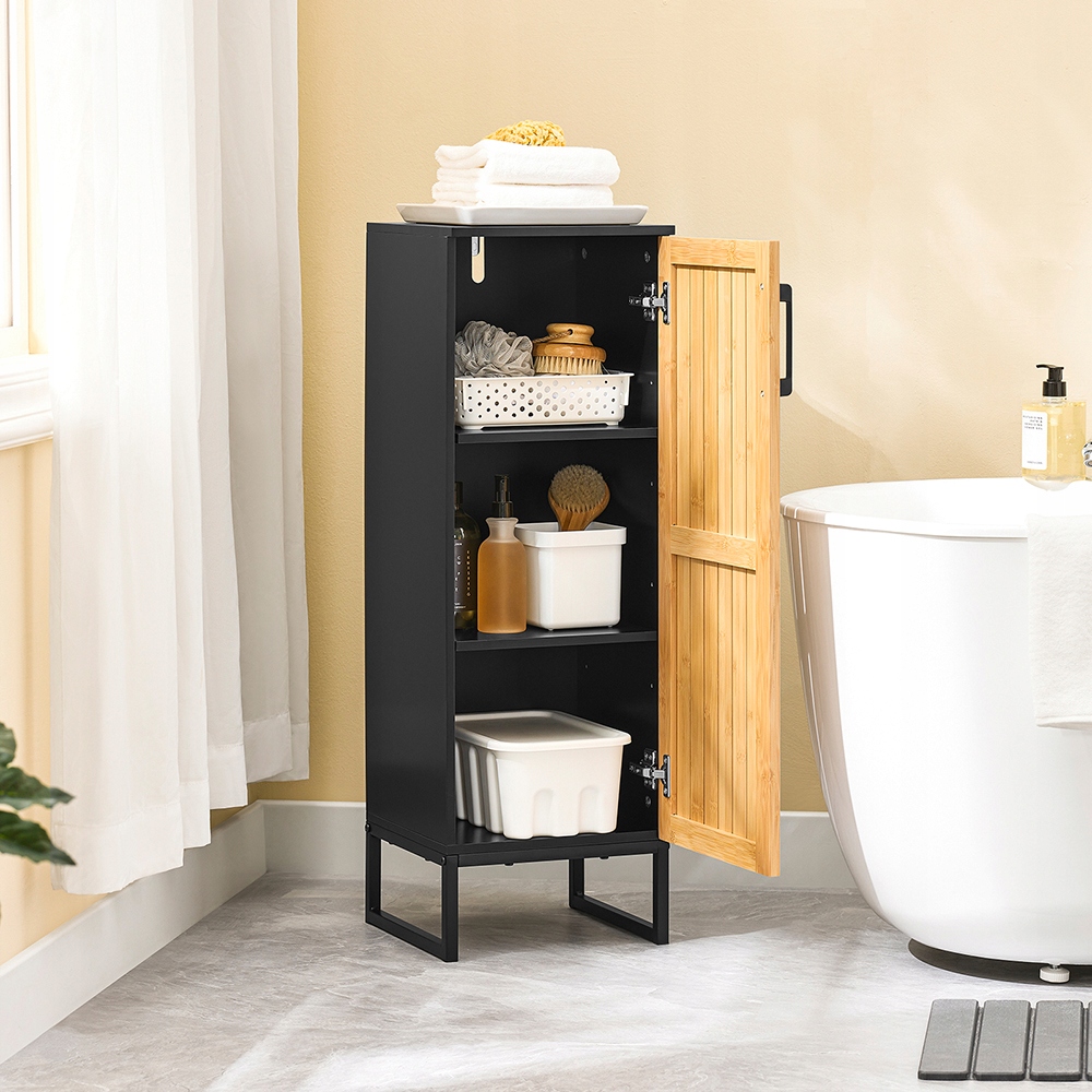 SoBuy Badeværelse Pladsbesparende lavt skab med bambusdør og justerbare hylder Badeværelsesskab, toilet, køkken, indgang Moderne stil med metalben 30x30x90cm BZR203-SCH