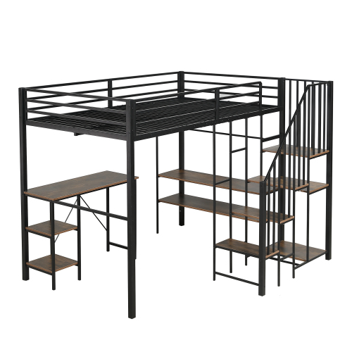 Køjeseng 120 x 200 cm, sort + træfarve, jern + MDF, hjørnegarderobe + bord + tøjstang