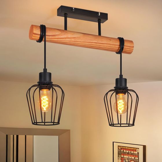 NETTLIFE Vintage loftslampe i træ og sort metal. Industriel retro loftslampe 2xE27 til entré og køkken (uden pærer)