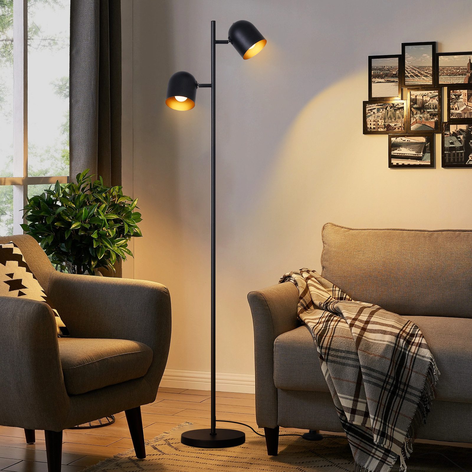 NETTLIFE - gulvlampe, 2 lamper, sortguldmetal, E14, industriel gulvlampe i retrostil