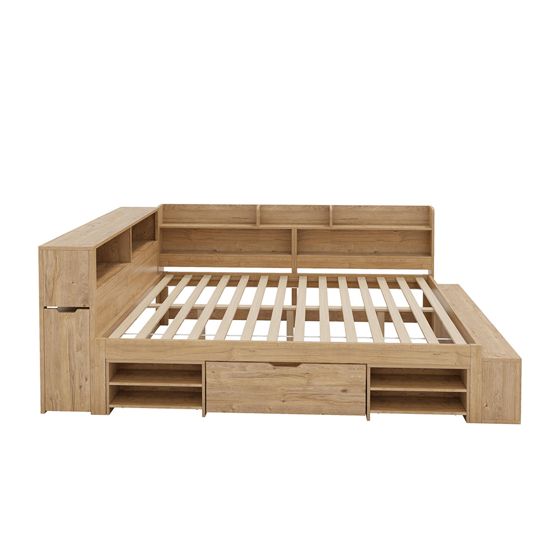 Opbevaringsseng 140 x 200 cm, naturtræ, skuffer + hylder + garderobe