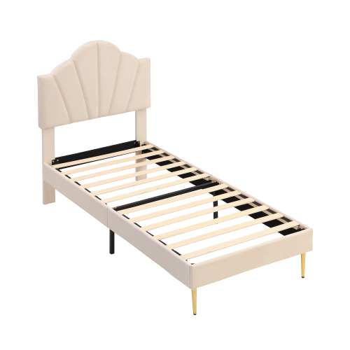 Polstret Seng 90 x 200 cm, Beige Fløjl, Guldfarvede Jernben + Bænk