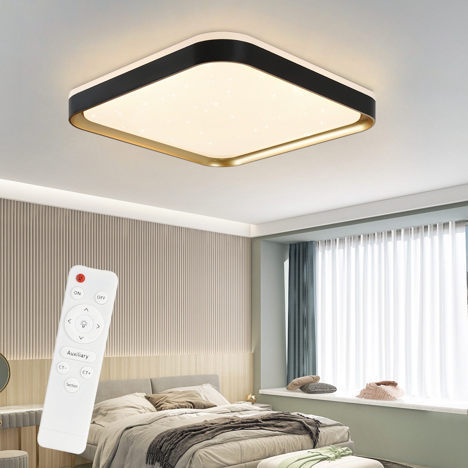 NETTLIFE moderne firkantet LED-loftlampe, 32 W, sortguld dæmpbar, med fjernbetjening, entrelampe, 30 cm, til stue