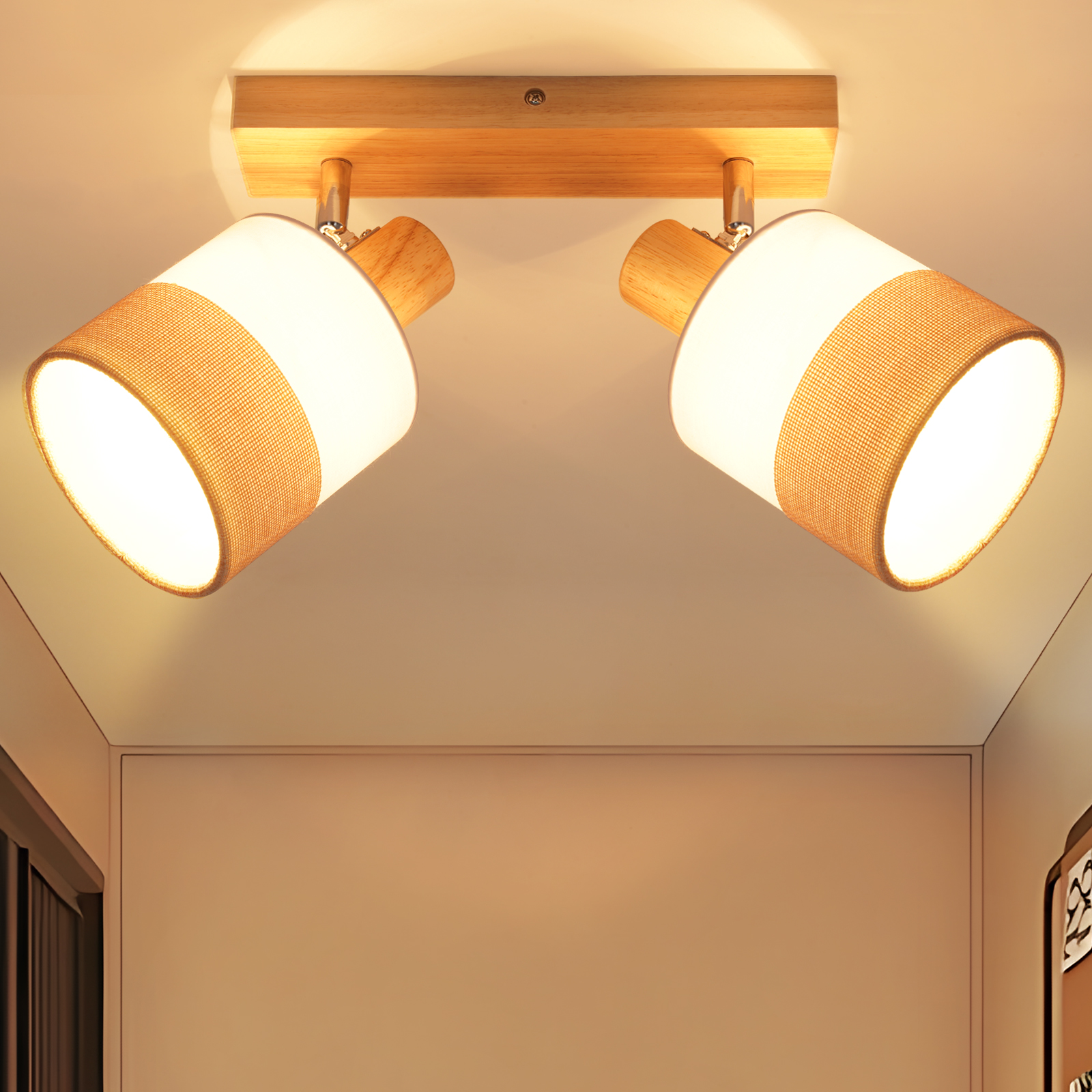 NETTLIFE LED loftlampe med 2 spots, loftlampe til entré, træpære, E14, vintage-stil, justerbar 350°