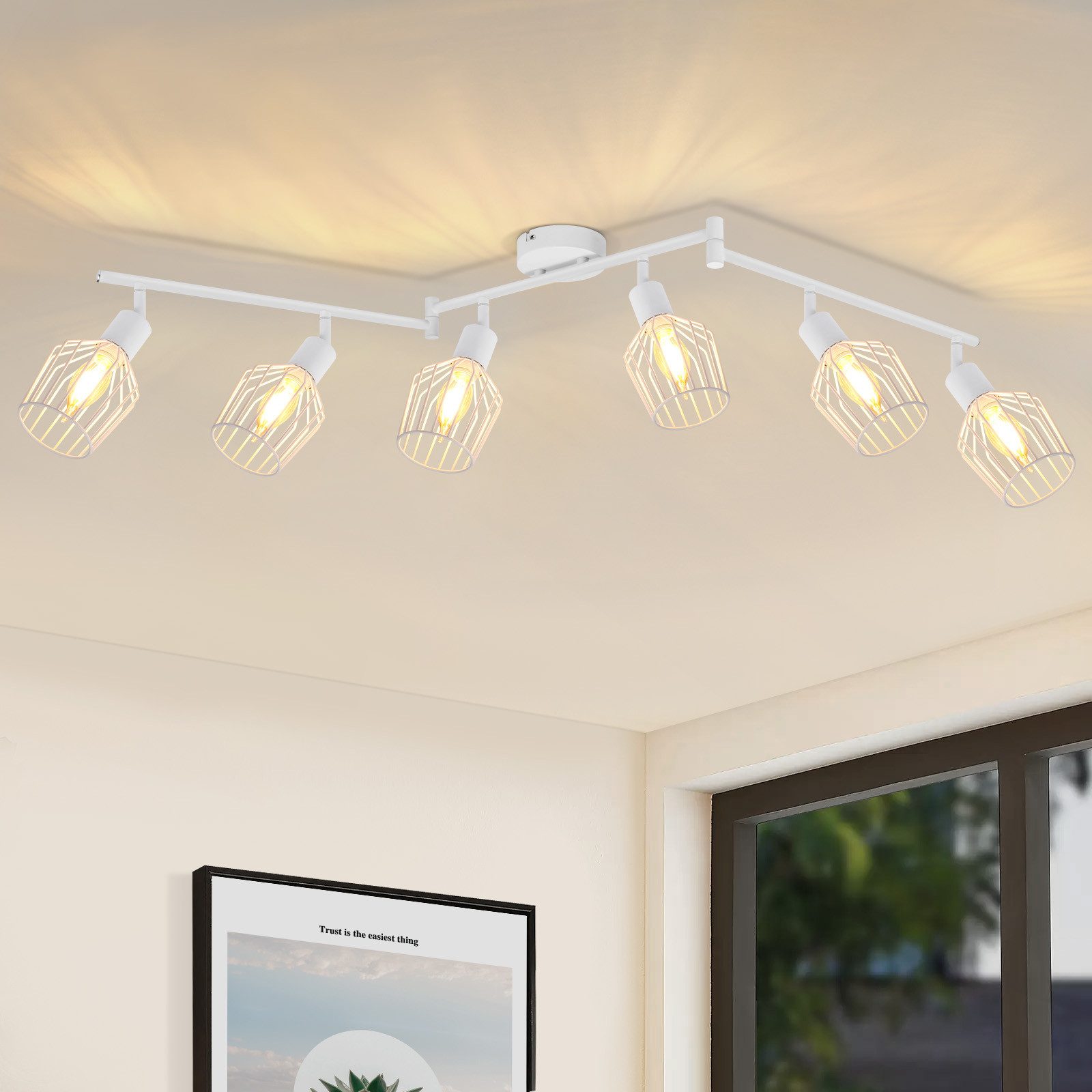 NETTLIFE - loftlampe med 6 E14-pærer, loftspotlight i retrostil, hvid, justerbar, 350° LED