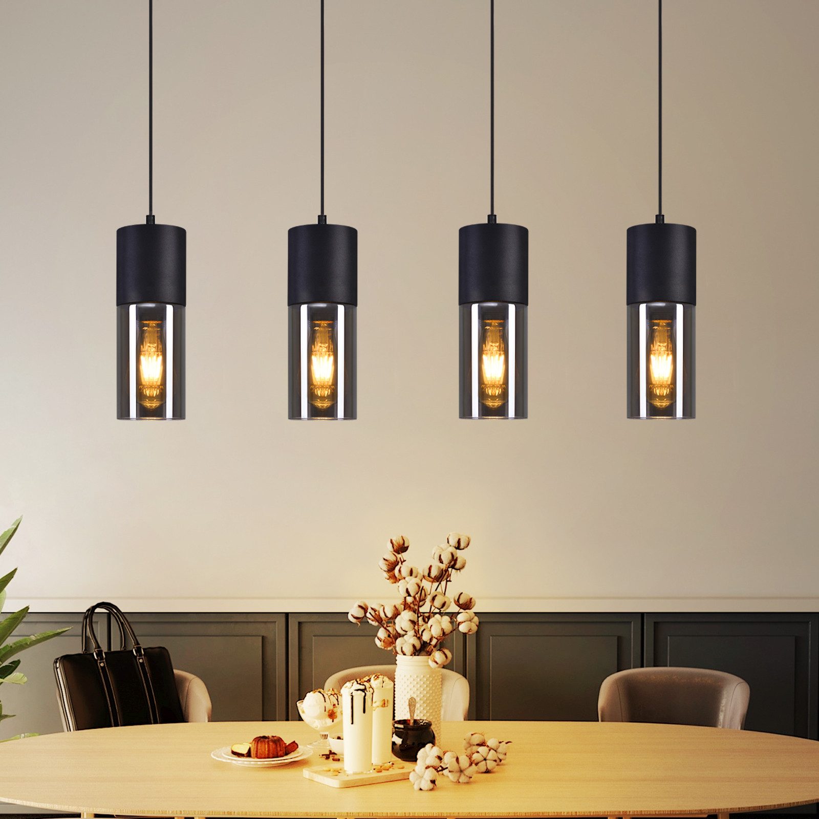 NETTLIFE spisebordspendellampe, E27 pendellampe, 4 lyskilder, justerbar LED, moderne glasskærm