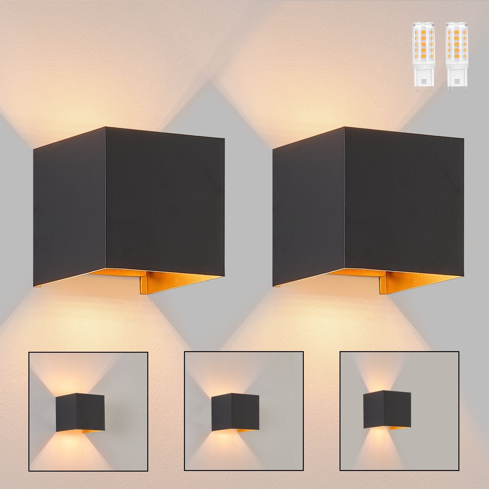 NETTLIFE LED - væglampe, 3W, 2 stk. - G9, udendørs/indendørs væglampe, sort og guld Vandtæt Dobbeltstrålende, justerbar, IP65 230V, 3000K