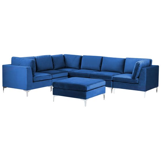Hjørnesofa modul 6 personers EVJA med fodskammel Velour Navy Blå Højrevendt