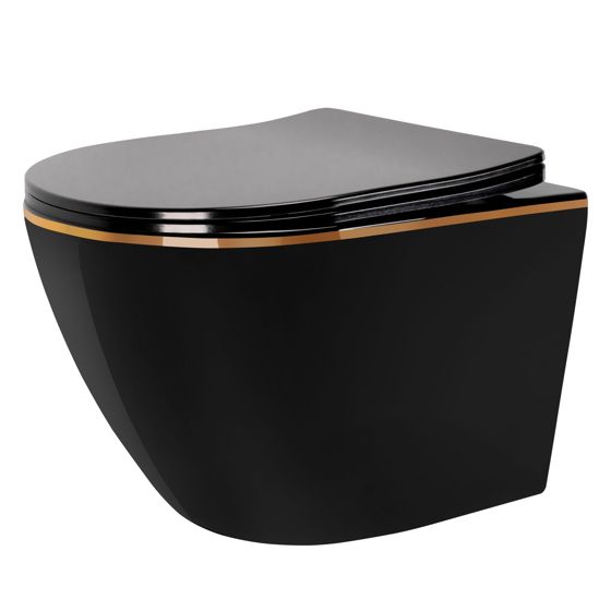 REA væghængt toilet CARLO MINI RIMLES DUR/FLAT/ZM Sort/Guld, 49x37x33cm