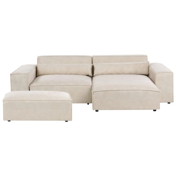 Hjørnesofa modul 3 personers HELLNAR med fodskammel Velour Lys Beige Venstrevendt