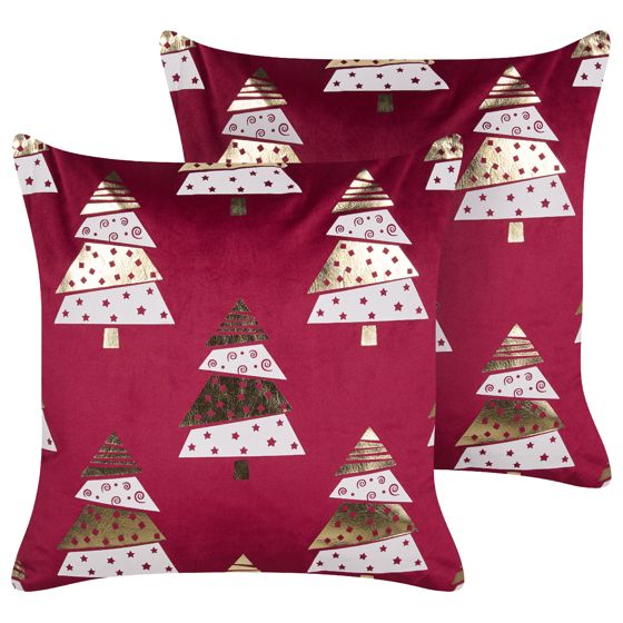 Sæt af 2 pyntepuder GOLDSPRUCE 45 x 45 cm Velour Rød Julemønster