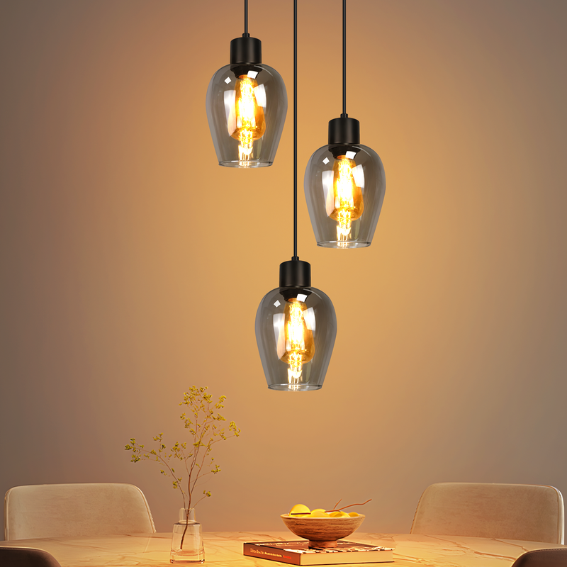 NETTLIFE Sort spisebordspendellampe - Enkelt flamme E27 pendellampe lavet af røget vintageglas, uden lyskilde