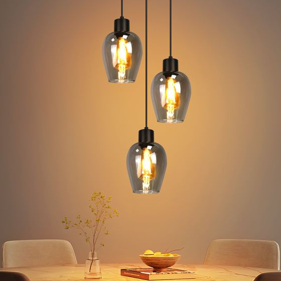 NETTLIFE Sort spisebordspendellampe - Enkelt flamme E27 pendellampe lavet af røget vintageglas, uden lyskilde