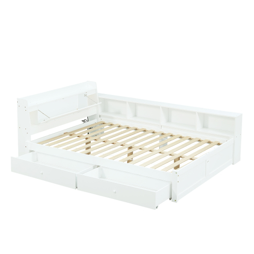 Dobbeltseng 140 x 200 cm, hvid, opbevaringsplads i hovedgærdet + 2 lamper + sideskabe + skuffer