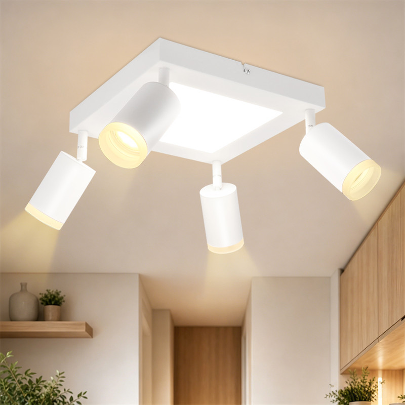 NETTLIFE Loftspotlight 4 firkantede pærer 3000K GU10 nem installation varm hvid 350° justerbar moderne