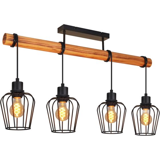 NETTLIFE Vintage loftslampe i træ og sort metal, industriel lampe 4xE27 til stue, køkken og spisestue (uden pærer)