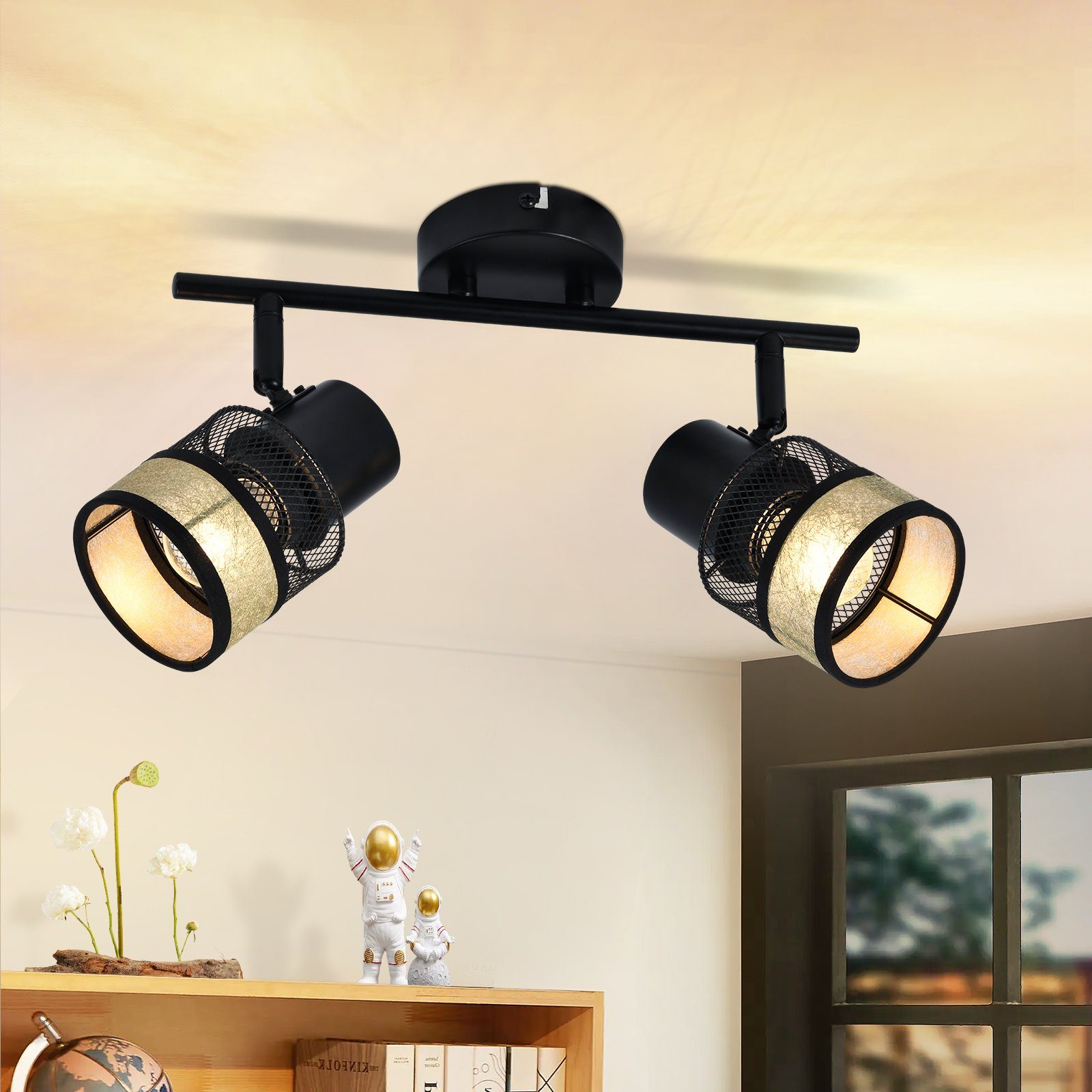 NETTLIFE Loftlampe med 2 spotlights, maks. 25 W, metal, E27, sort, vintage-stil, egnet til entreer, 330°