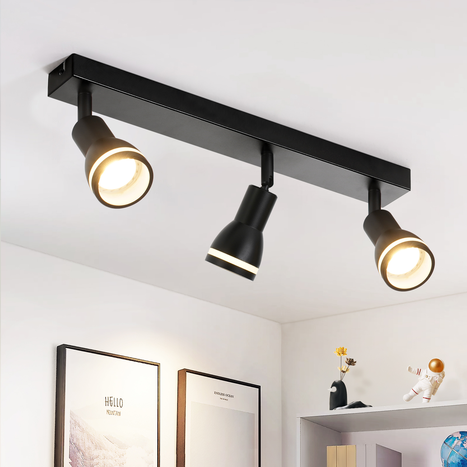 NETTLIFE moderne sort loftslampe: 3 justerbare metalspotlights i loftet, GU10 loftslampe, til soveværelse, uden pære