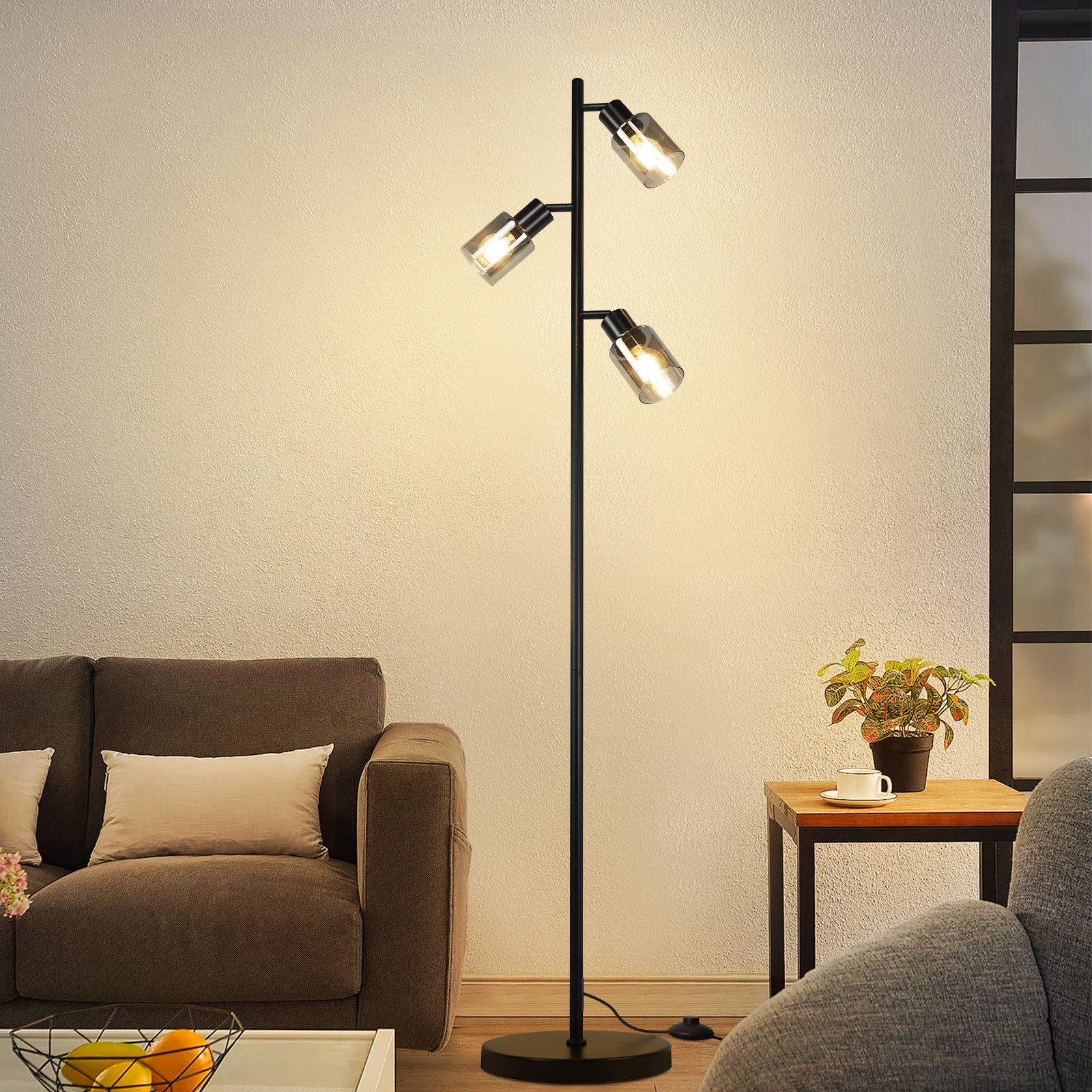 NETTLIFE Vintage gulvlampe, stue, sort, bordlampe, 3 glasflammer, E14-sokkel, metal, justerbar bordlampe, 350