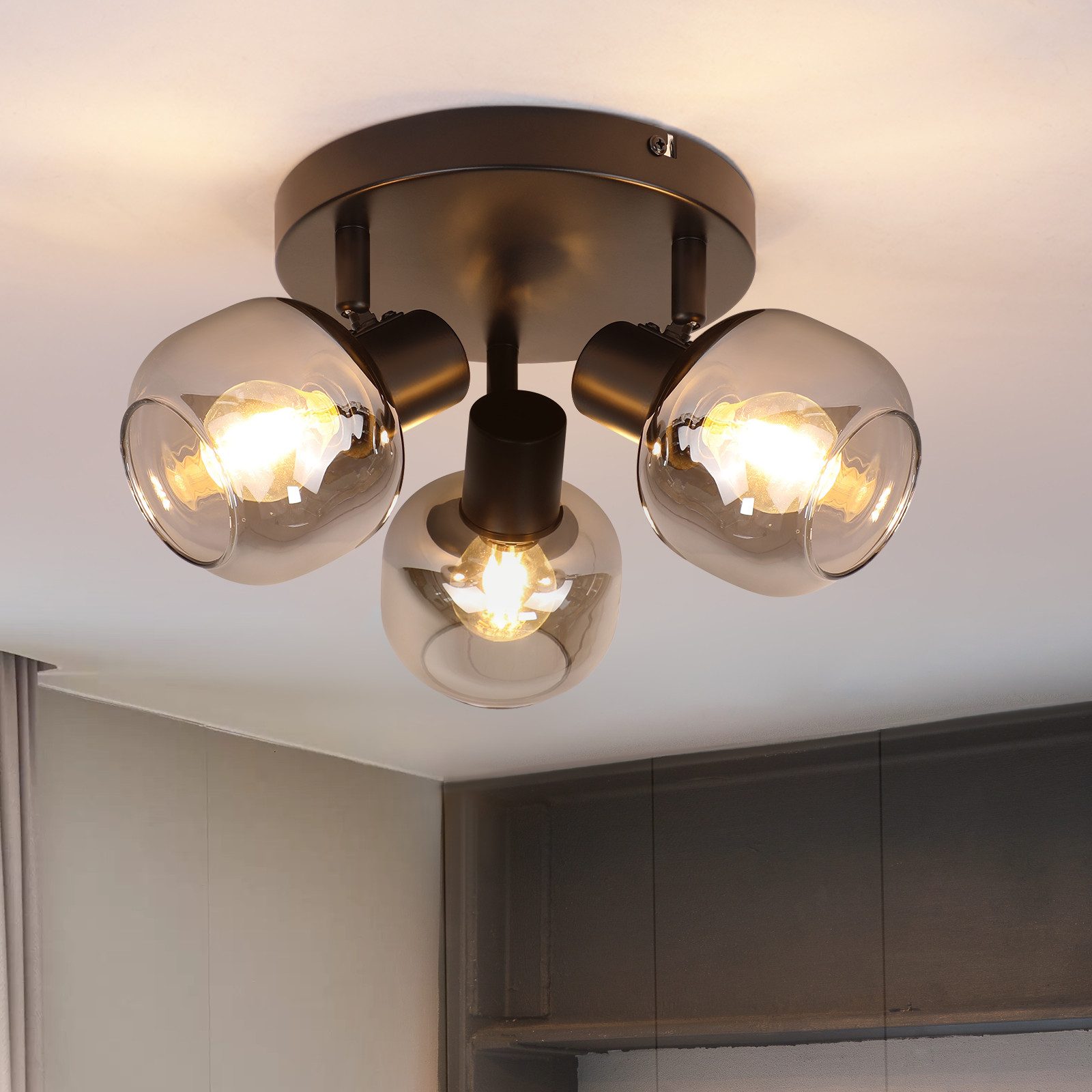 NETTLIFE 3-flammet loftspotlight - Moderne rund glasloftspotlight, 350° drejelig til stuen