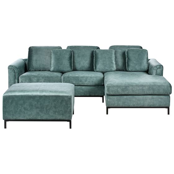 Hjørnesofa 5 personers OSLO med fodskammel Velour Blågrøn Venstrevendt