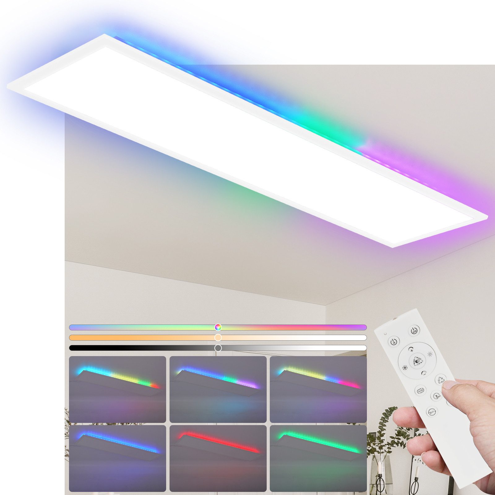 NETTLIFE LED-panel 120 x 30 cm, dæmpbar, flad loftlampe, RGB - farveskiftende, med fjernbetjening, 36 W, 3000 K -6500 K