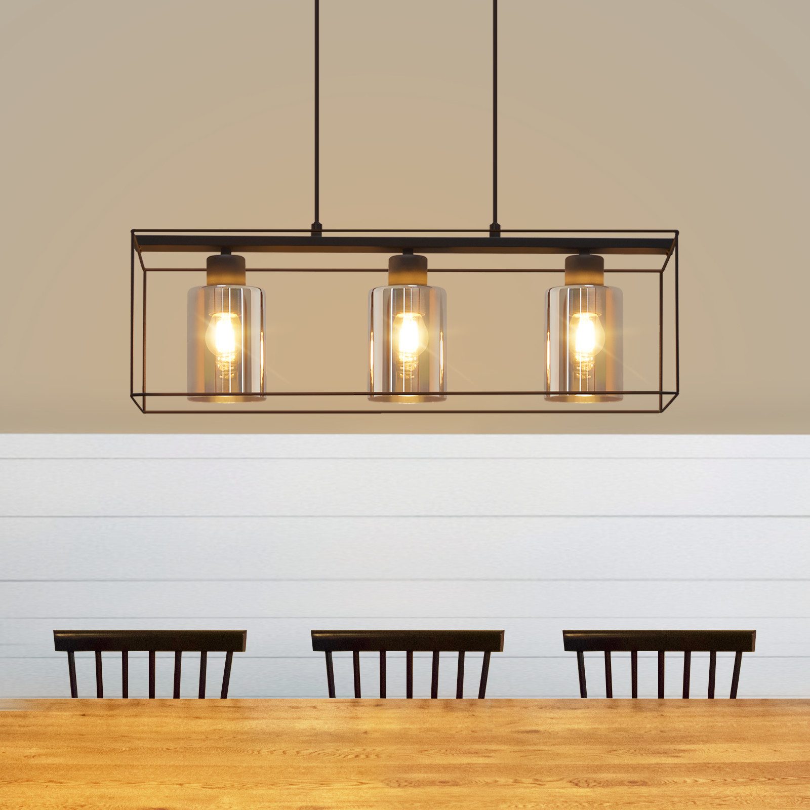 NETTLIFE sort pendellampe, 3 vintage glasflammer, E27, højdejusterbar pendellampe