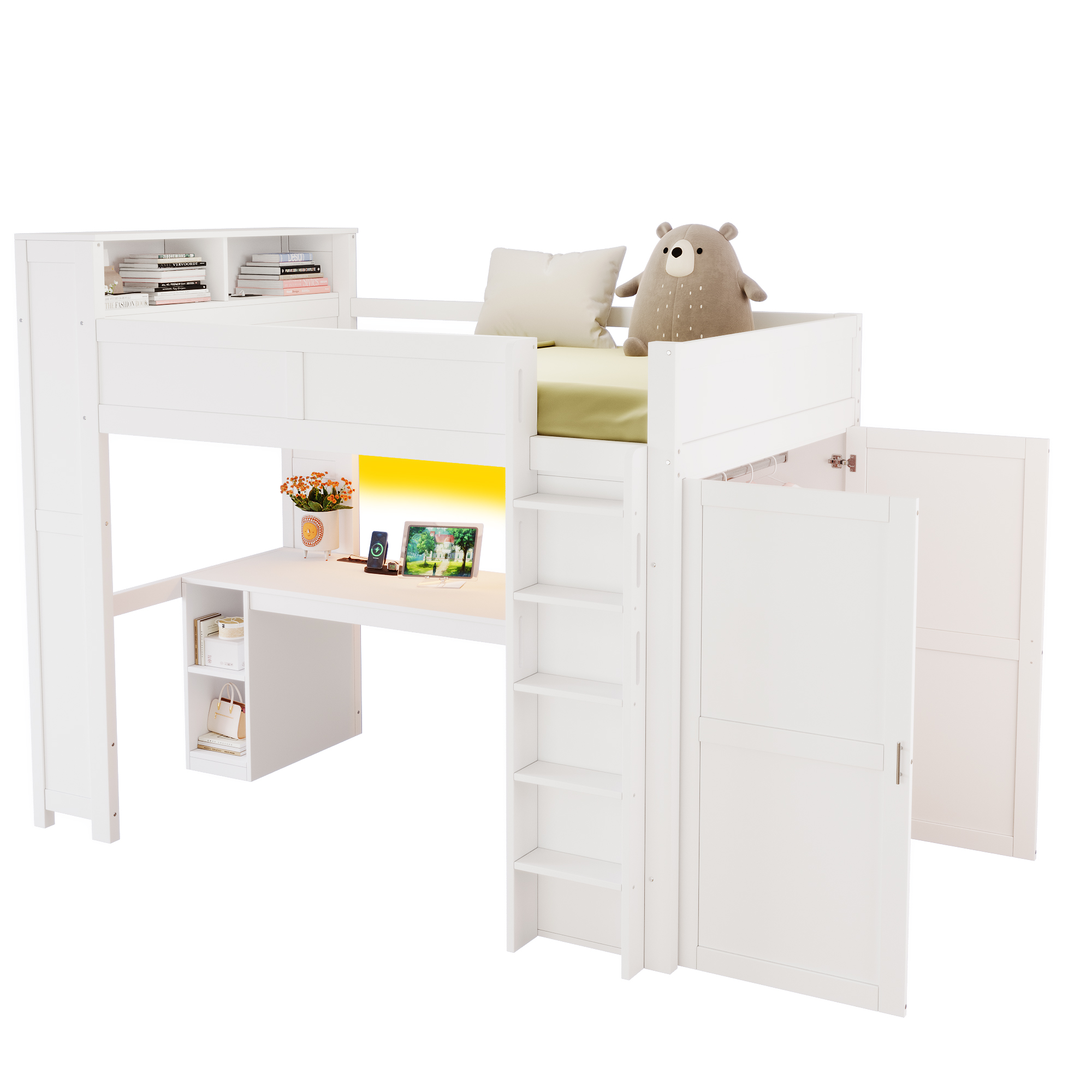 Hemseseng 90x200 cm med skrivebord, opbevaringsrum, garderobeskab, USB-stik og LED-belysning, hvid