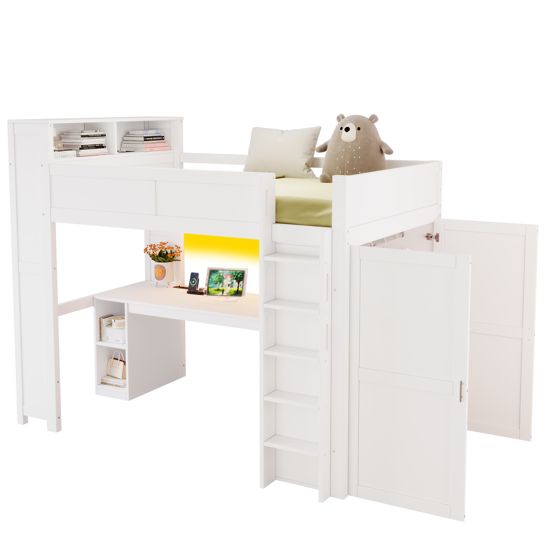 Hemseseng 90x200 cm med skrivebord, opbevaringsrum, garderobeskab, USB-stik og LED-belysning, hvid