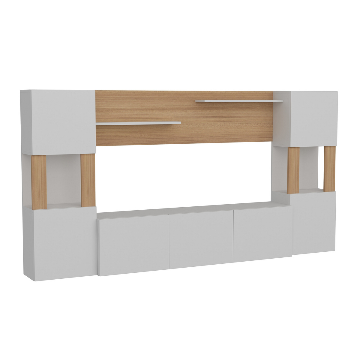 Norda Design Moderne TV-møbel med mulighed til vægmontering, hvid og teak, 160x125x31.5 cm | 100% melamin, 18 mm tyk | stilfuldt og funktionelt design