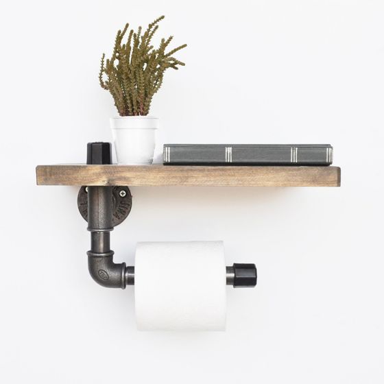 Norda Design håndlavet industriel rørhylde, sort og valnød, 30x14x12 cm | 100% grantræ og metal | vægmonteret