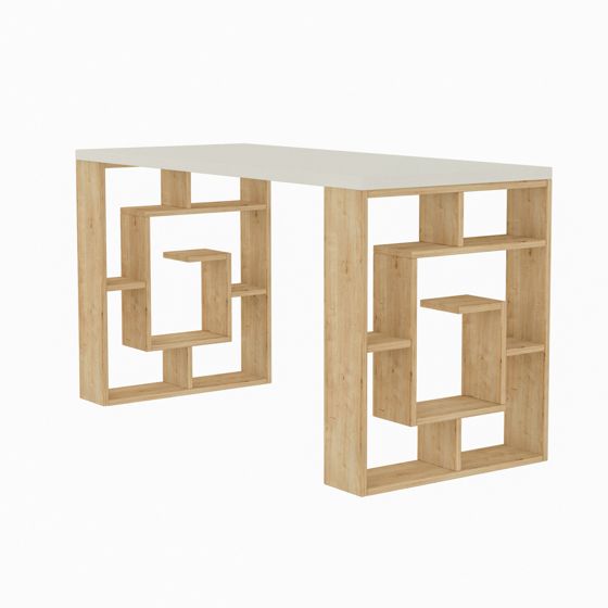 Norda Design Moderne skrivebord med hylder, hvid og eg, 140 x 75 x 60 cm | 100% melaminbelagt, 25 mm top