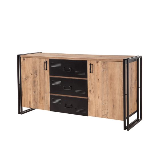 Norda Design Industrielt konsolbord, Atlantic Pine og sort, 160x80x45 cm | 100% melamin, metalramme og skuffer