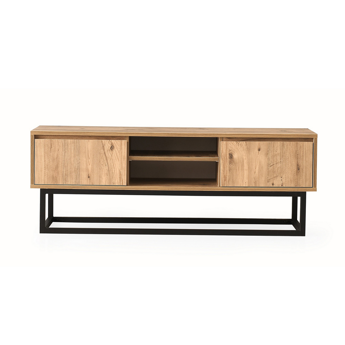 Norda Design Industriel TV-bord med metalben, sort og Pine, 180 cm | 100% melaminbelagt, 2 skuffer og hylder