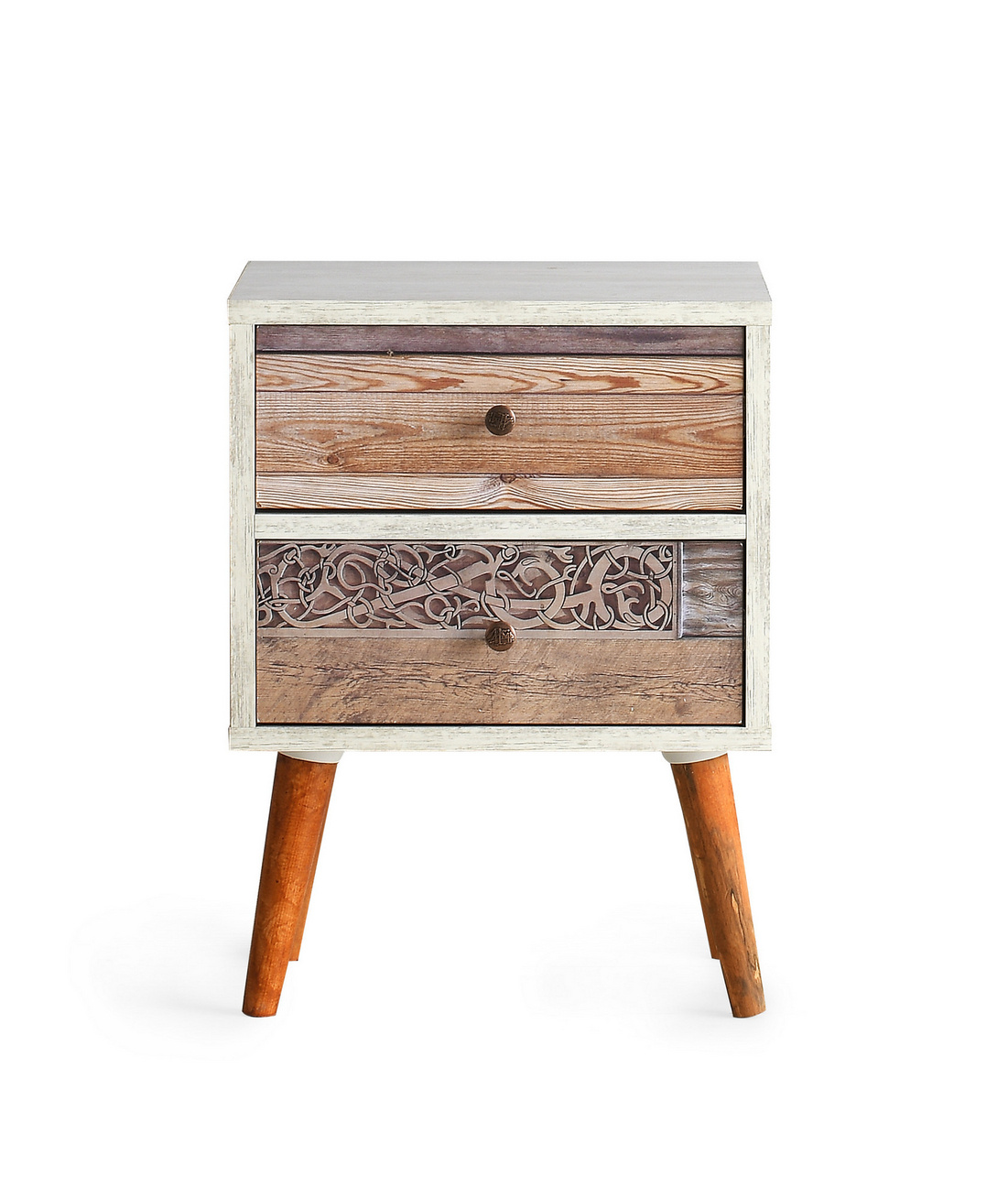 Norda Design Rustik natbord med 2 skuffer, hvid og valnød, 40 x 55 x 35 cm | 100% melaminbelagt, træben